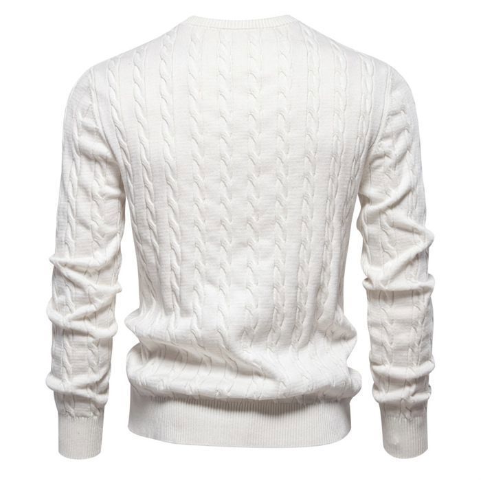 Men's Sweater - LEOCLOTHO - Cotton Cable Knit - Warm and Comfortable - Crew Neck - Autumn/Winter - White