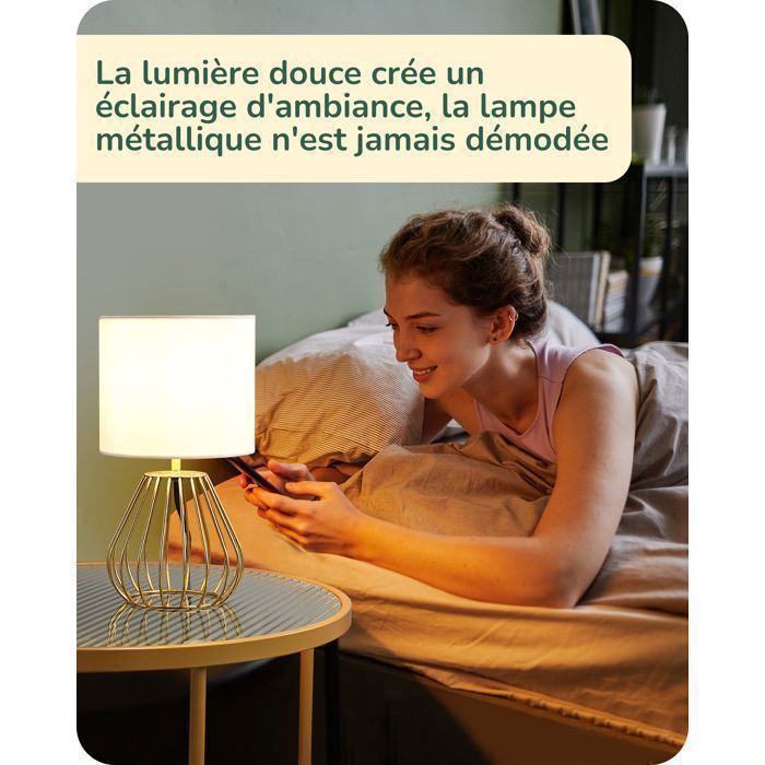 Lámpara de mesa EDISHINE, metal dorado y lino blanco, bombilla LED E27 de 2700 K incluida, 29 cm de altura.
