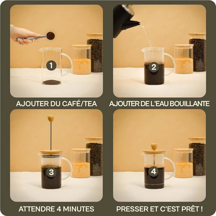 Cafetera de émbolo, cafetera francesa, jarra francesa para café de filtro, 3 tazas, acero inoxidable y bambú.