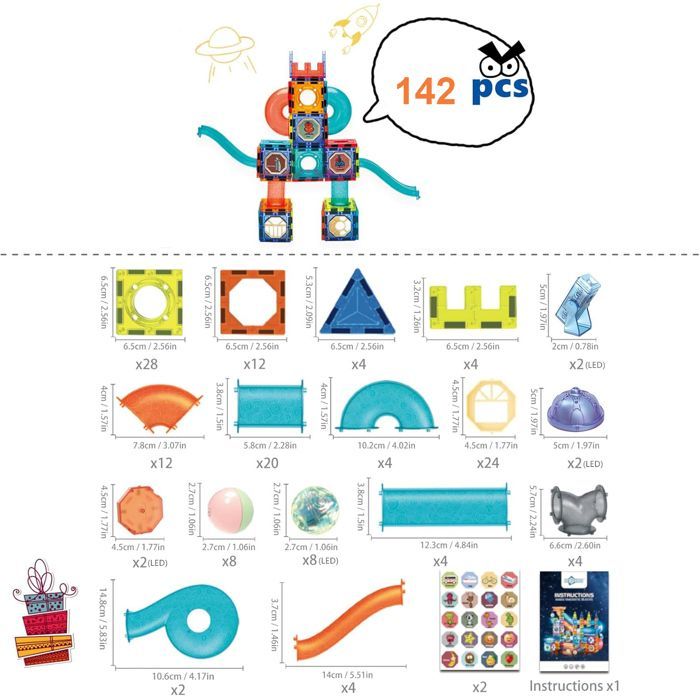 Bloques de construcción magnéticos - Construcción magnética infantil - Piezas magnéticas - 142 piezas, con luces LED - Idea de regalo para niños y niñas