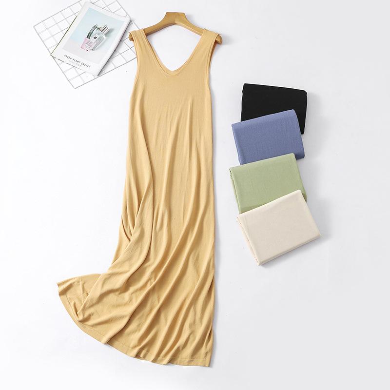 Abito lungo da donna in maglia primavera estate 2020, stile coreano, scollo a V, senza maniche, abito casual da donna sottile e ampio.