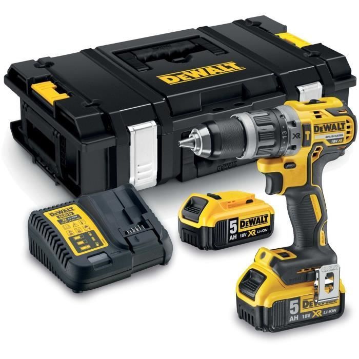 Taladro atornillador de impacto inalámbrico sin escobillas DEWALT XR de 18 V con batería de iones de litio de 5 Ah, estuche TSTAK, 2 baterías y cargador DCD796P2-QW