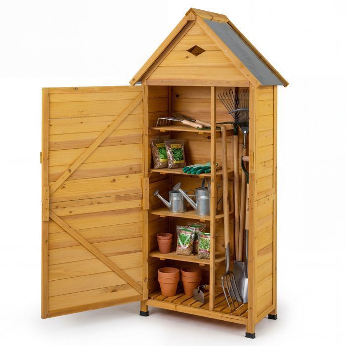 Armoire de Rangement Jardin en Bois de Sapin COSTWAY-Porte Verrouillable,4 Étagères Amovibles,Plancher-Toit Inclinée-Ventilation
