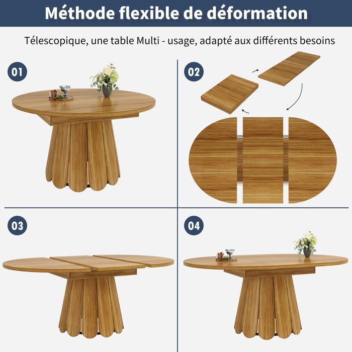 Mesa de comedor redonda extensible - Becag - Mesa de comedor 118-158x118x76cm - 6 personas - Para cocina y salón - Marrón