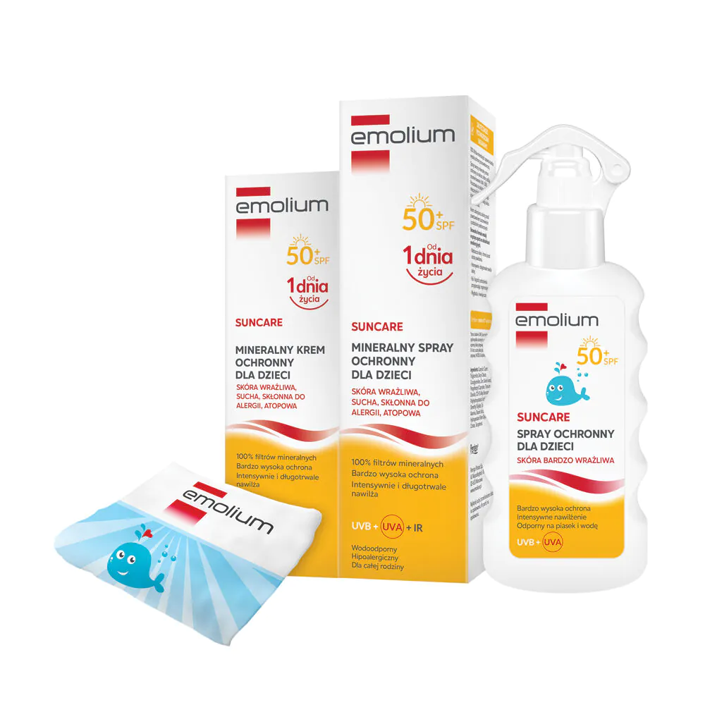 Emolium Suncare Zestaw Krem SPF50 + Spray SPF50 + Spray dla dziec + Ręcznik