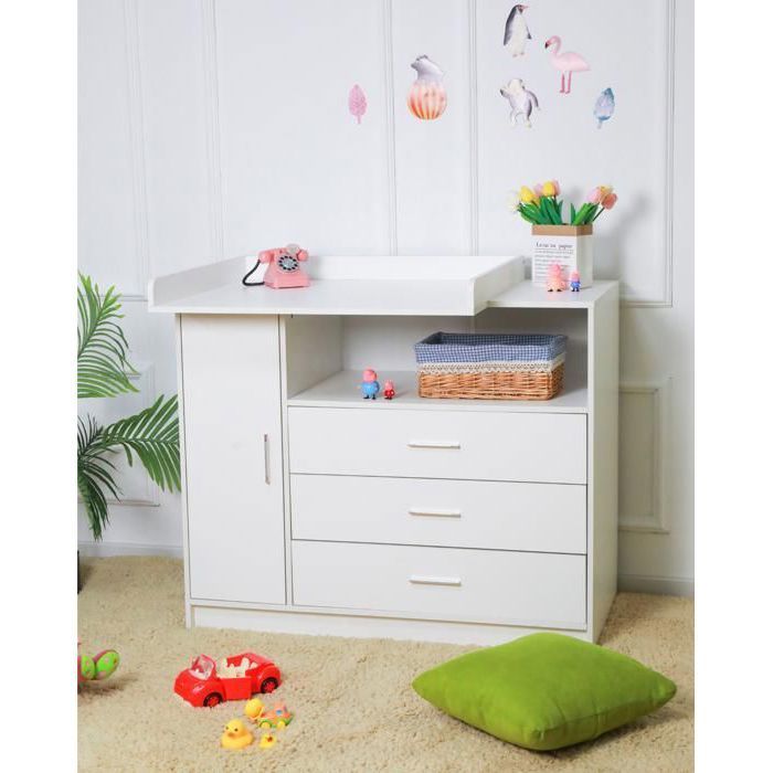 Fasciatoio in legno con superficie per il cambio, 3 cassetti, 1 anta, bianco, 113x100 cm, maniglie cromate.