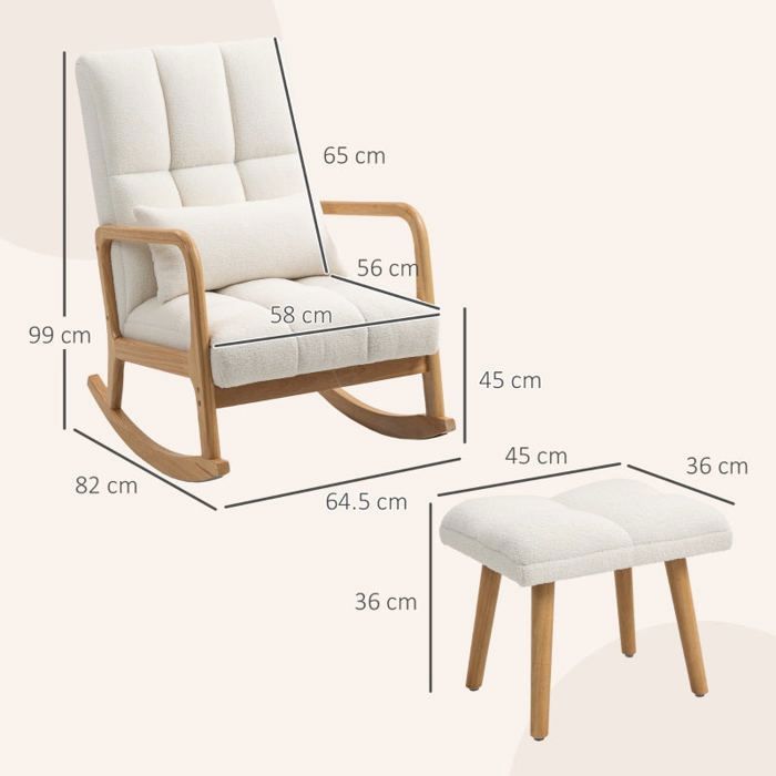 MEUBLES COSY Fauteuil à bascule avec repose-pieds, revêtement polaire blanc, dossier haut et structure bois naturel