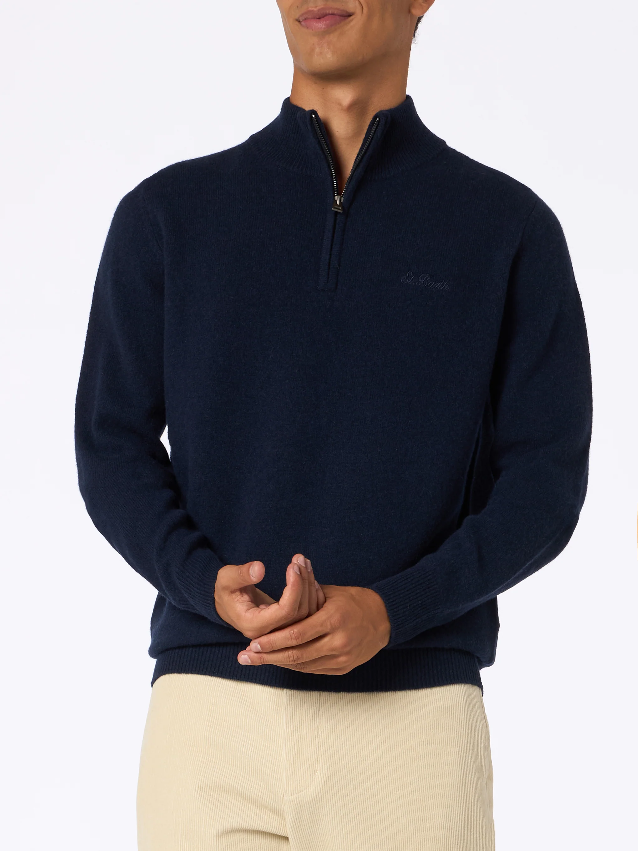 Jermyn herentrui van blauwe lamswol met kwartrits