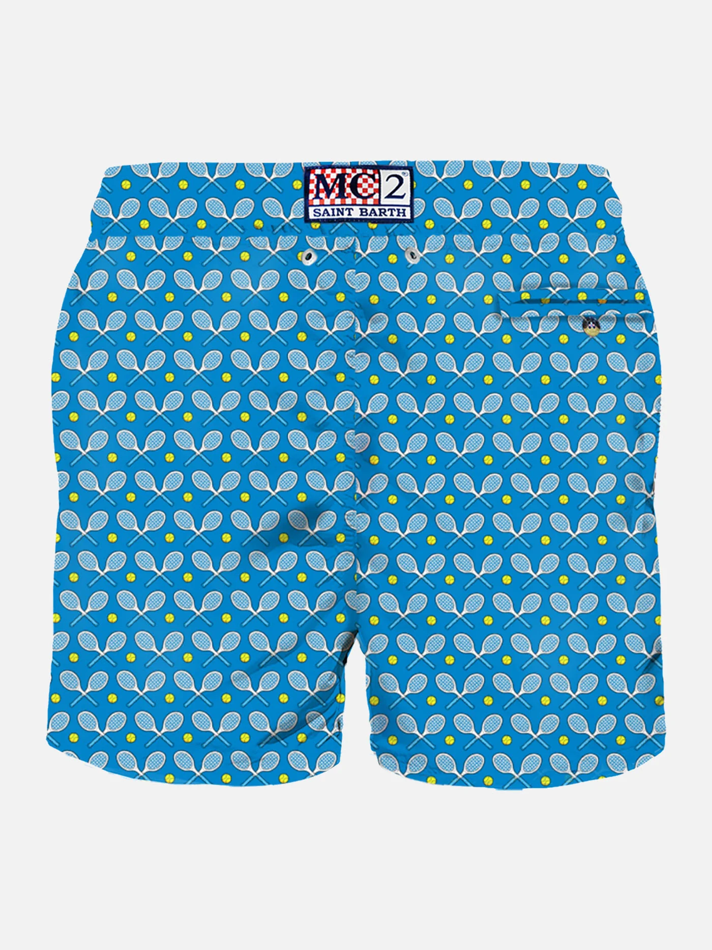 Man Classic Swim Shorts with Rackets All-Over Print | Blue | Quick Drying, Mid-Length, Elasticated Waistband, Front & Back Pockets | MC2 Saint Barth