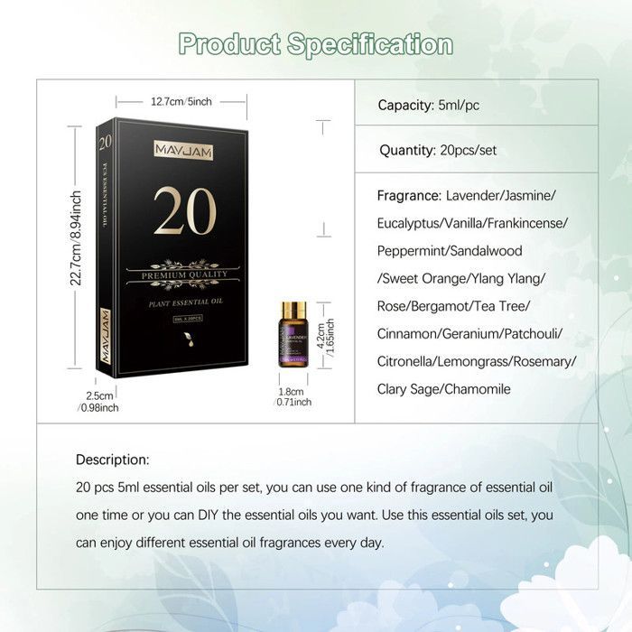 Set de 20 aceites esenciales: lavanda, jazmín, eucalipto, vainilla, sándalo, naranja dulce, geranio, pachulí.