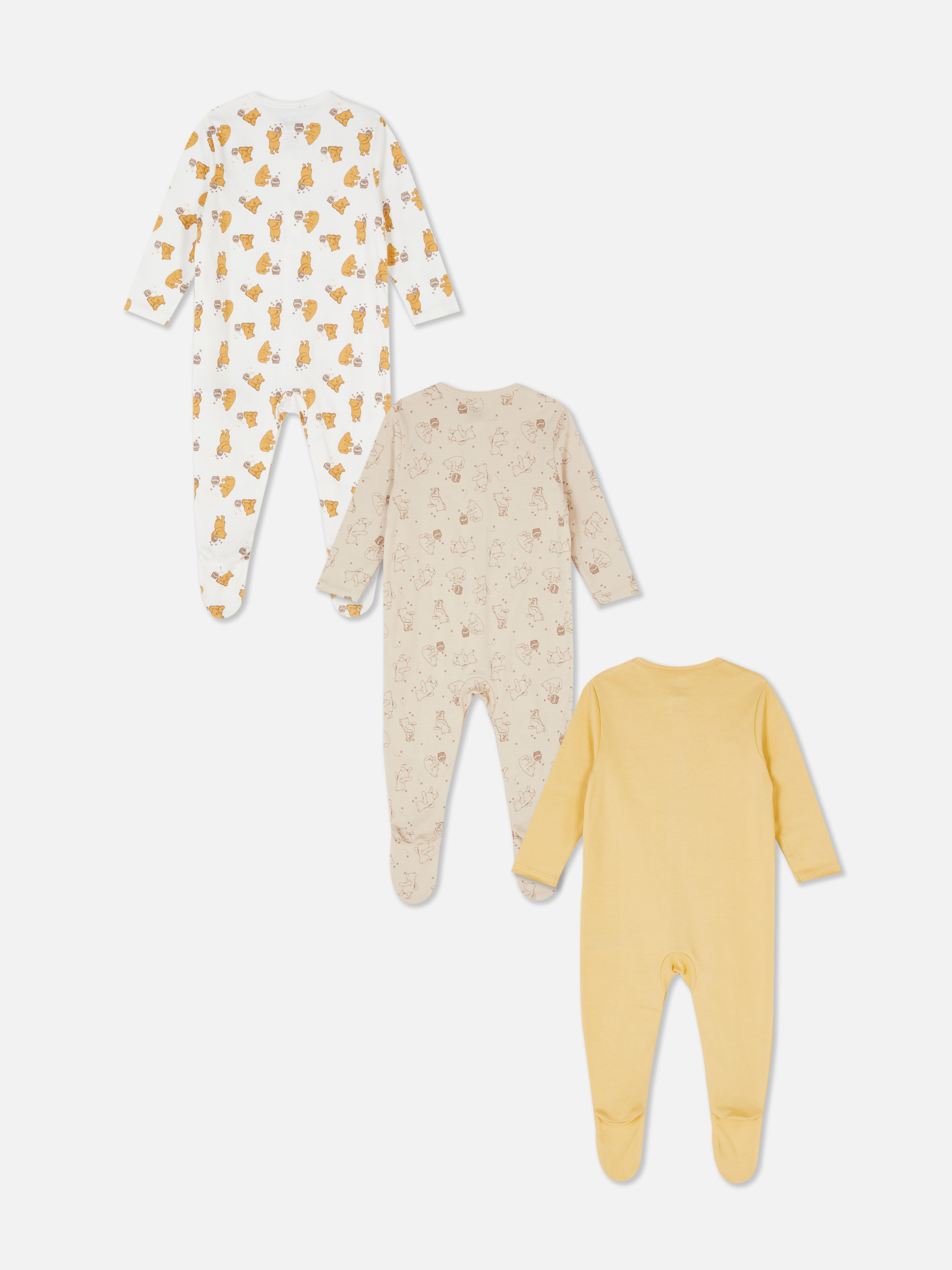 Pijamale, Disney Winnie the Pooh, set de 3 salopete Disney pentru bebeluși cu mâneci lungi, închidere cu capse și piciorușe atașate