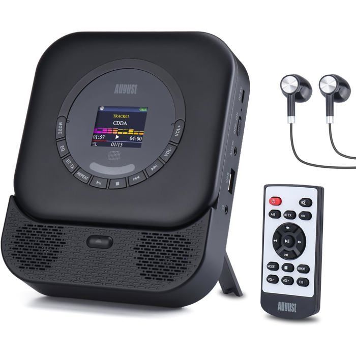 Leitor de CD portátil August SE15 com Bluetooth 5.3 e alto-falantes estéreo integrados.