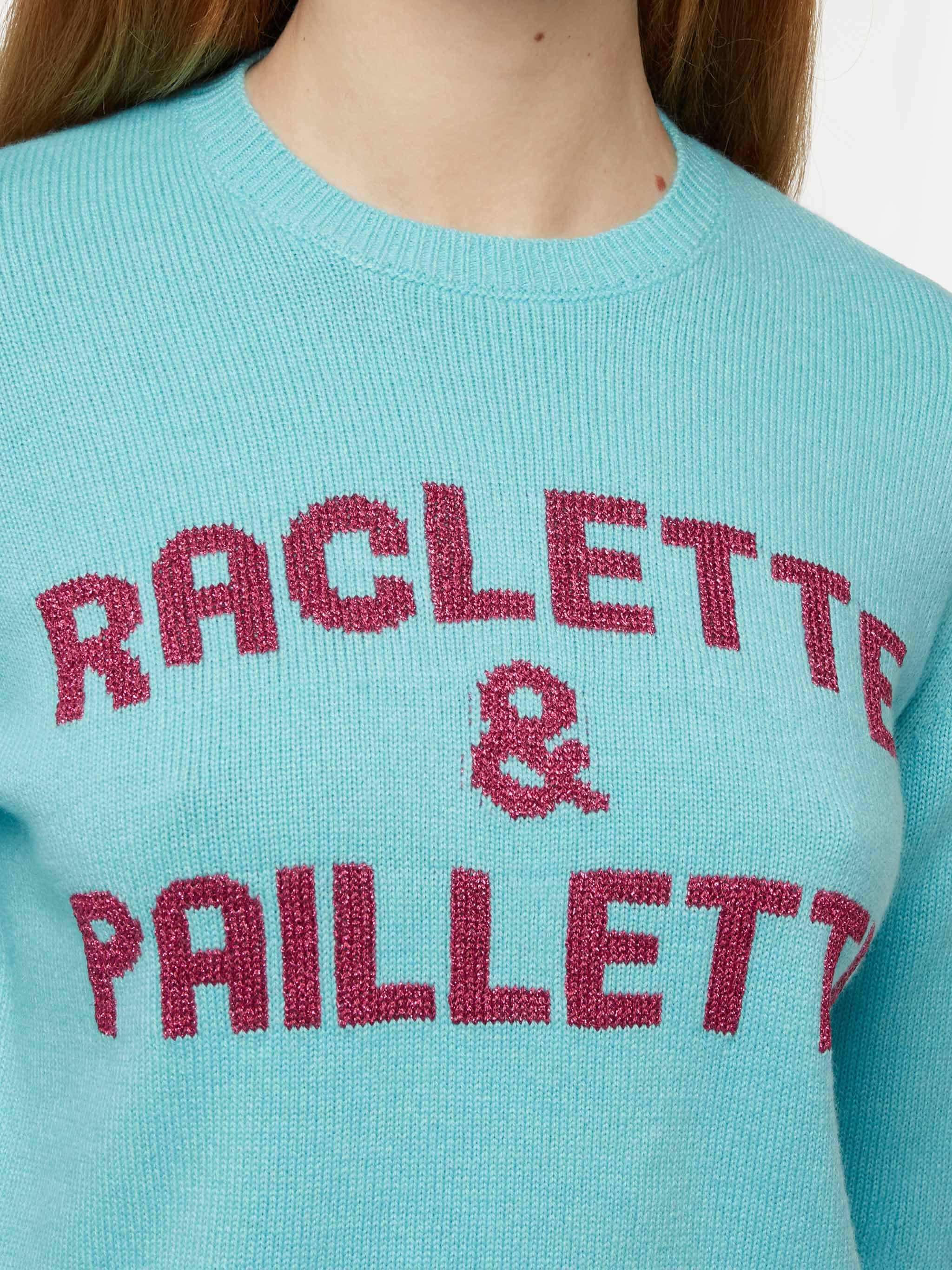 Maglione verde acqua New Queen con scritta Raclette& Paillettes in pai