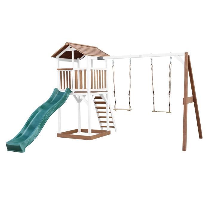 Área de juegos AXI Beach Tower con tobogán en color verde, 2 columpios y arenero | Casita de juegos exterior grande en color marrón y blanco