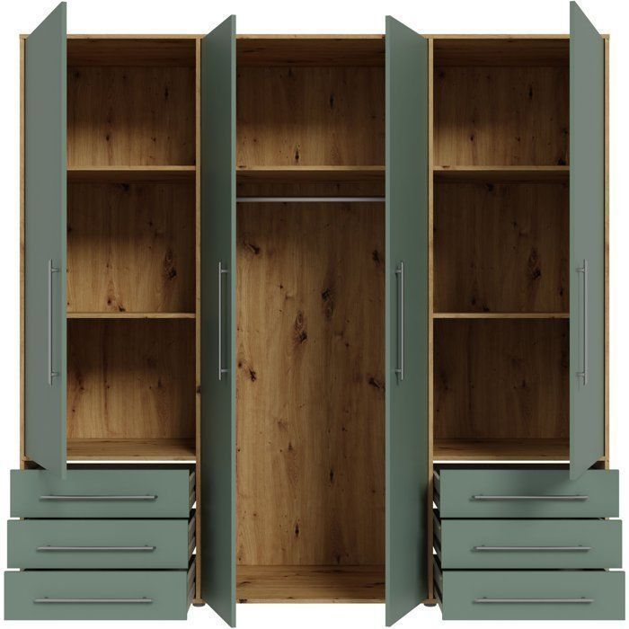 Armoire de chambre - MOKKARO - Décor Vert Sauge et chêne - 4 portes battantes - 6 tiroirs - L205,9 x P53 x H200 cm