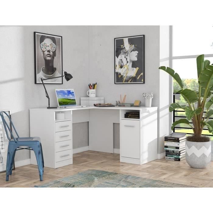 TOLEDE Corner Desk with 1 Door and 4 Drawers - White Paper Finish - W 125 x D 125 x H 75 cm