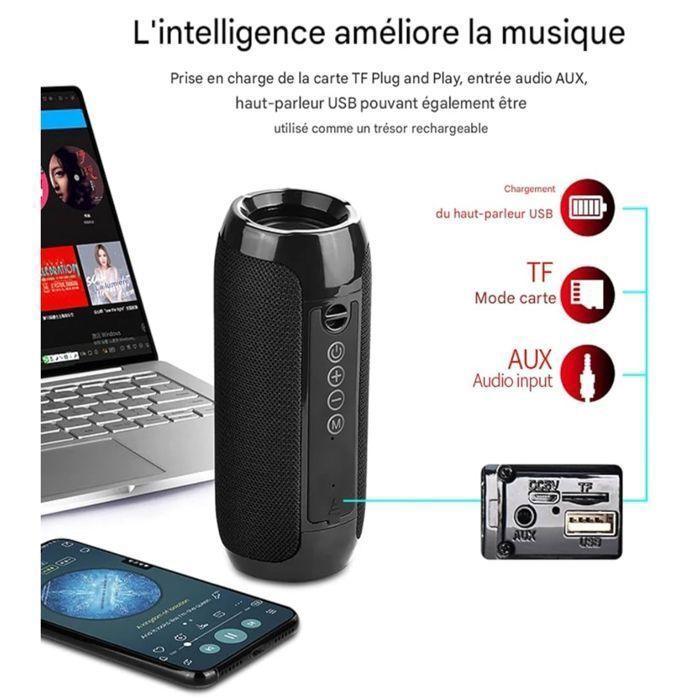 Enceinte Bluetooth Portable Noir TG117 – Haut-Parleur Sans Fil Étanche avec Son Puissant 5.3, LED RGB et Autonomie 5H