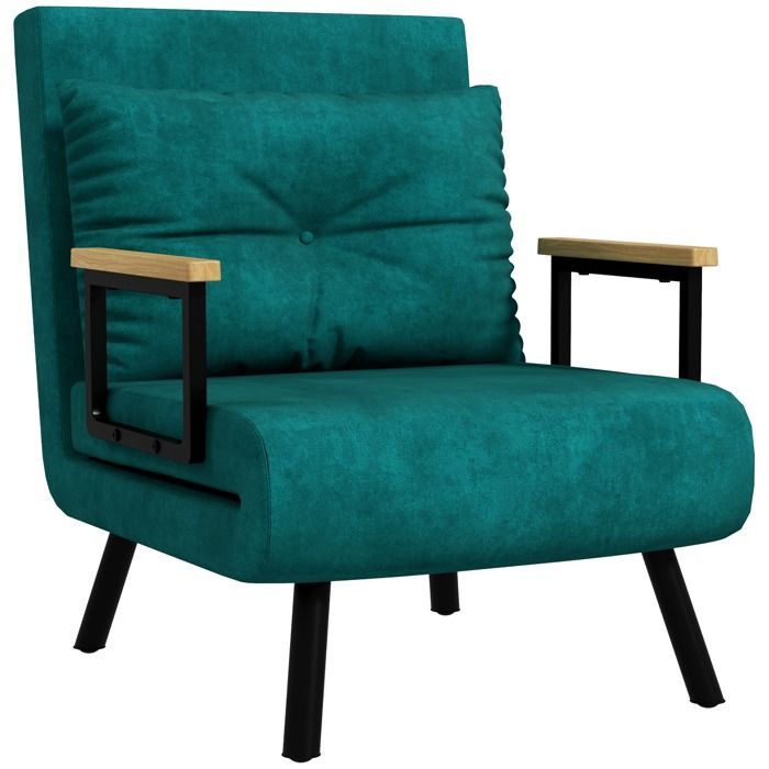 Sillón convertible - 1 plaza - HOMCOM - Sillón/cama 3 en 1 - Respaldo ajustable, almohada - Terciopelo - 63x73x81cm - Verde