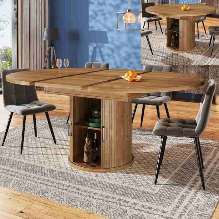 Ausziehbarer runder Esstisch 118–158 x 118 x 76 cm, 6-Personen-Esstisch mit Stauraum für Wohn-/Esszimmer – Walnuss