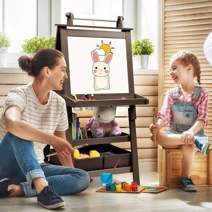 GOPLUS Tableau Enfant Noir/Blanc Magnétique 59x50x117CM,Chevalet Double Face avec Rouleau de Papier et Boîtes de Rangement,Marron