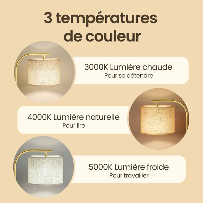 Lampadaire Arc Réglable en Hauteur, 150–175 cm, avec Interrupteur au Pied, Douille E27, Doré