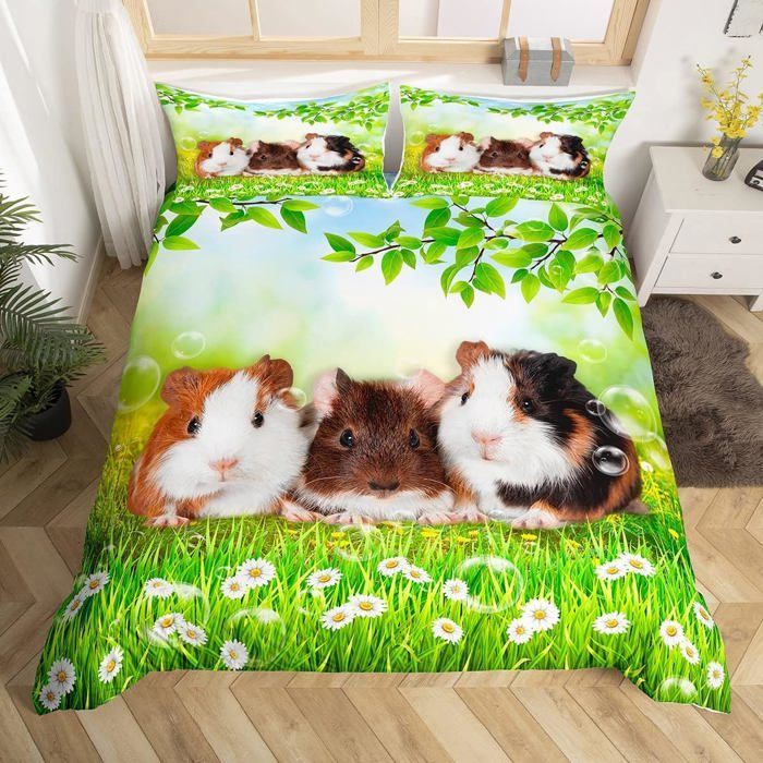 Juego de ropa de cama infantil con funda nórdica y 2 fundas de almohada, diseño de conejillo de indias adorable, para dormitorio, 140 x 200 cm.