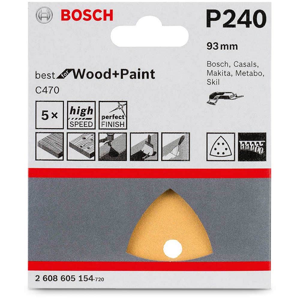 BOSCH Delta Schleifpapier 93 mm, Körnung 240, 6 Löcher, Klettverschluss, für Holz und Lack – C470, 5 Stück