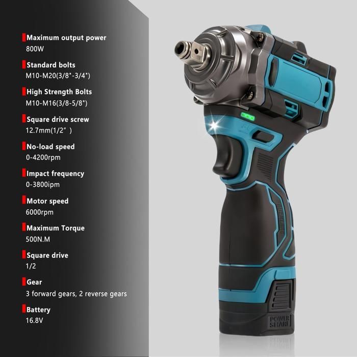 Llave de impacto eléctrica inalámbrica de 500 N·m, llave de impacto industrial sin escobillas, 16,8 V, 2 baterías de iones de litio de 1500 mAh, velocidad ajustable.