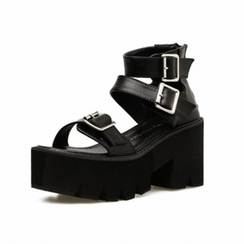 Sandali con cinturino alla caviglia, sandali estivi da donna, scarpe con plateau a punta aperta, tacco alto e spesso, scarpe da festa uniche nere da donna.