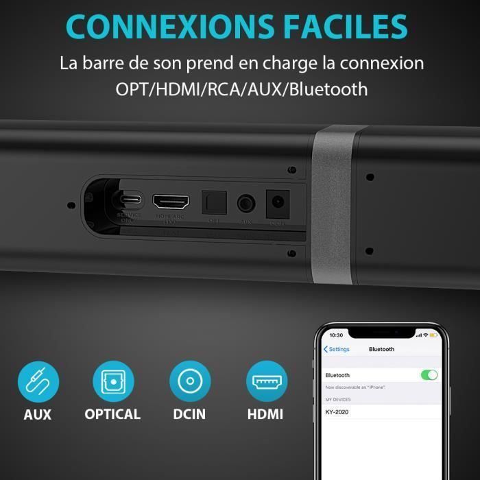 Barra de sonido MEIDONG - 50 W - Bluetooth - Sonido envolvente dinámico de 360° - HDMI/Fibra óptica/RCA