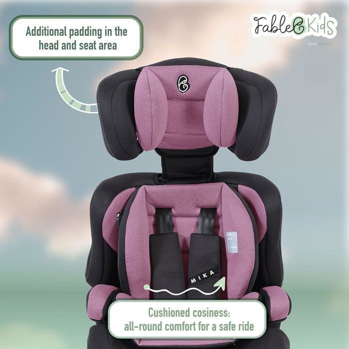 Seggiolino auto per bambini FableKids | Cintura di sicurezza a 3 punti | Seggiolino auto per bambini da 76 a 150 cm | Rosa