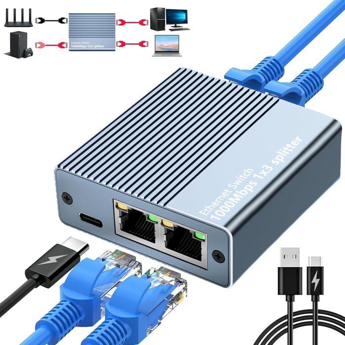 Switch Ethernet 1 À 3 1000Mbps, Switch Rj45 Multipr Rj45 Network Lan Switch Network Splitter Switch Ethernet Compatible Avec Ord