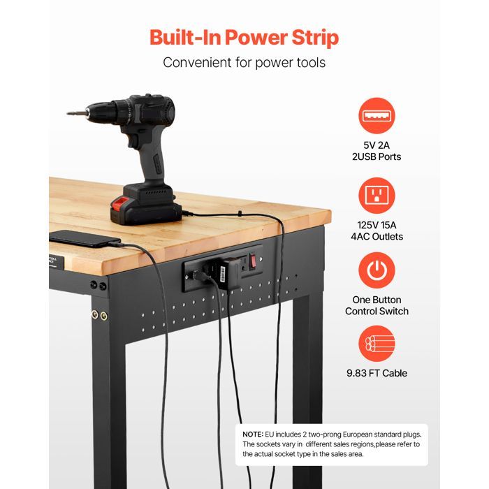 Banco de trabajo VEVOR, taller, garaje, mesa de trabajo rodante regulable en altura - Capacidad de carga de 907,2 kg - con toma de corriente
