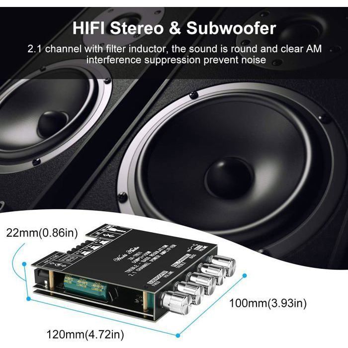 Placa amplificadora estéreo Bluetooth HiFi TPA3116D2 de 2x50W + 100W, 12V-24V con control de etiquetas.