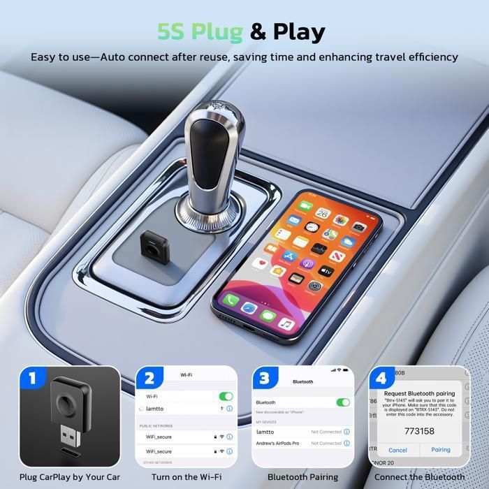 Adaptador inalámbrico CAMPARK para Apple CarPlay y Android Auto, Bluetooth 5.0, WiFi 5.8GHz, USB C/A