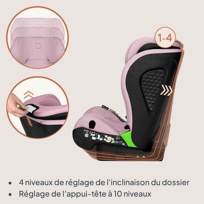 Seggiolino auto LIONELO Neal i-Size 100-150 cm - ISOFIX - Portabicchieri - Seduta ampia - Reclinabile - Gruppo 2/3 - Rosa