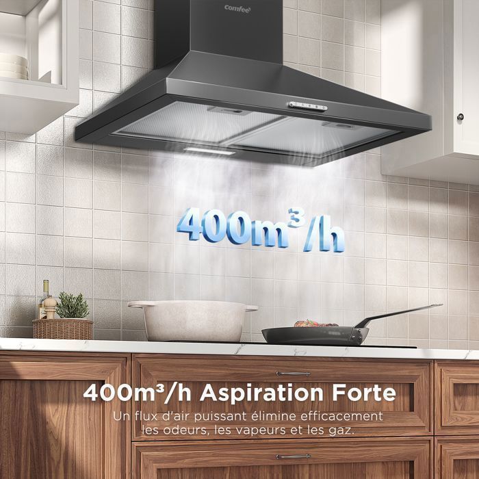Exaustor de cozinha Comfee 60cm - 400 m³/h - Classe A++ - 2 filtros de carvão ativado - 3 velocidades - Recirculação e extração - Luz LED - Preto