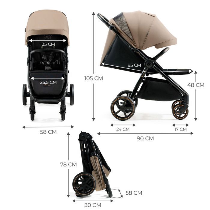 Passeggino Kindercraft MITZY (fino a 27 kg), chiusura con una mano, taglia grande, senza aria, ruote ammortizzate, beige.