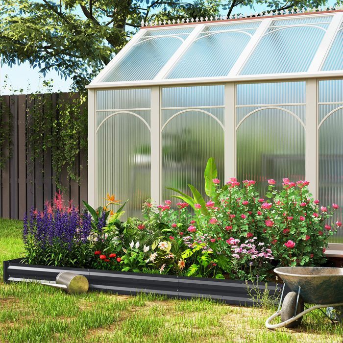 Macetero de exterior Outsunny con borde de seguridad y base abierta, fabricado en acero galvanizado, 240 x 120 x 30 cm, gris oscuro.