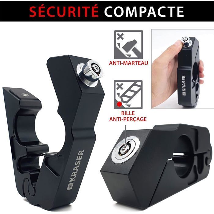 Lucchetto per manubrio moto - STAMPATO - KR720B - Lucchetto per leva freno - Sistema a scatto - Alluminio - 13,9x5,8x2,6 cm - Nero