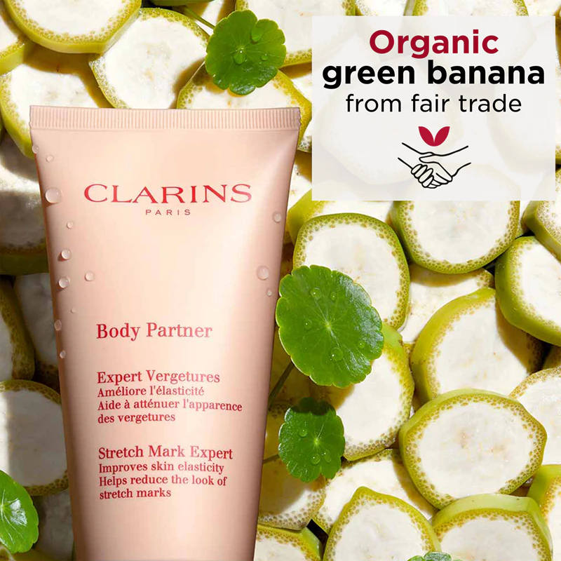 Upokojujúci telový krém Clarins Body Partner Stretch Mark Expert, ktorý redukuje existujúce strie a zabraňuje ich tvorbe.