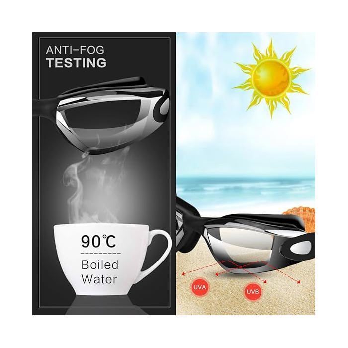 ®RisingFF Waterdichte zwembril met neusclip, oordopjes, badmuts en brillenkoker, zwart en zilver.