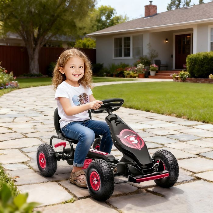 Kart à pédales pour enfant HOMCOM Go-kart siège réglable 3 positions frein à main pneus antidérapant enfant de 5 à 12 ans rouge noir