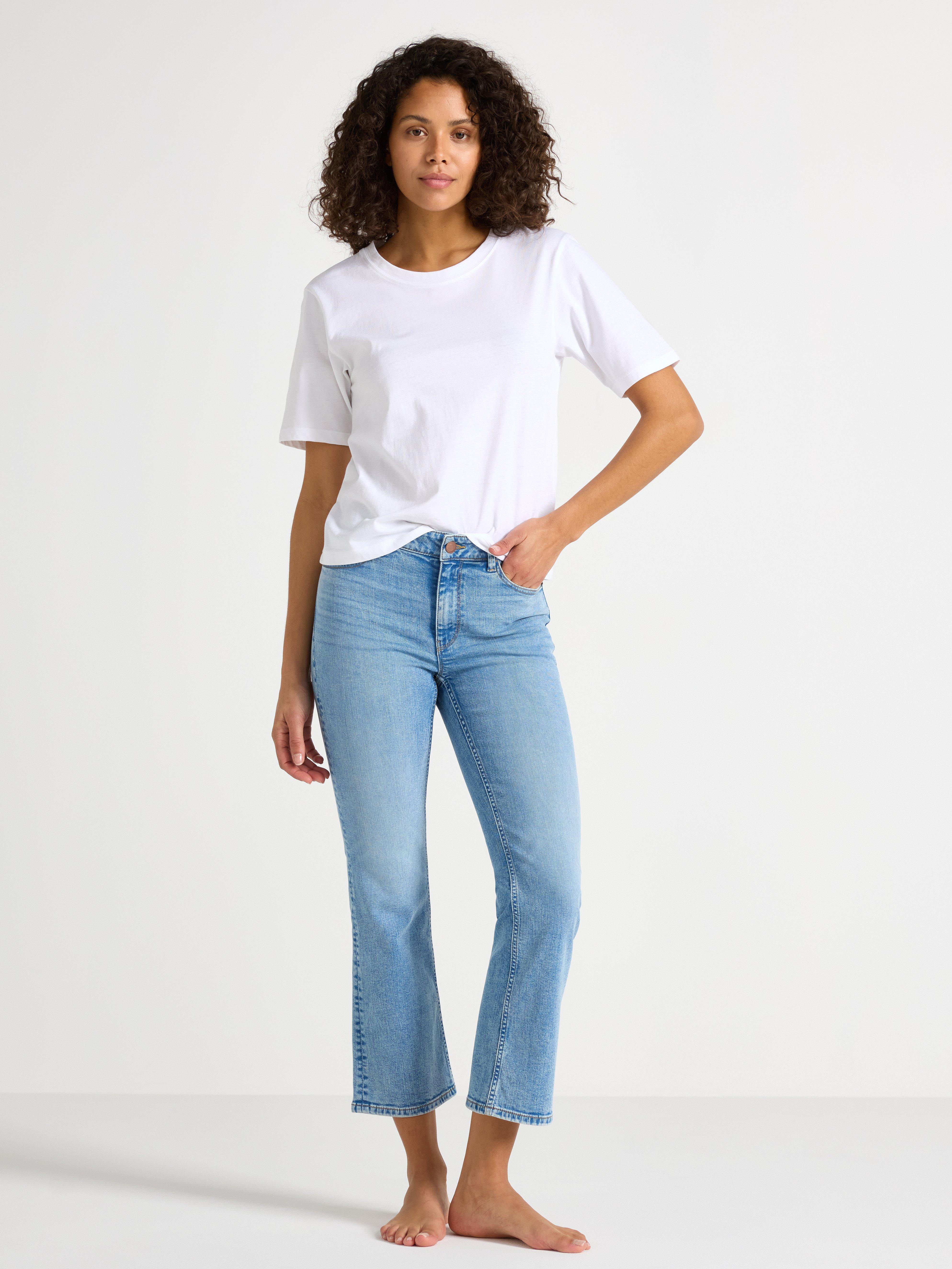 Džíny FLARE Karen s krátkým pasem, světlý denim