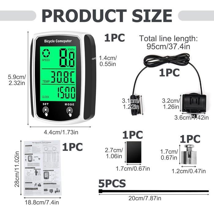 ®TONLRGY Compteur de vélo, universel 19 fonctions, étanche IP54, écran tactile LCD rétroéclairé