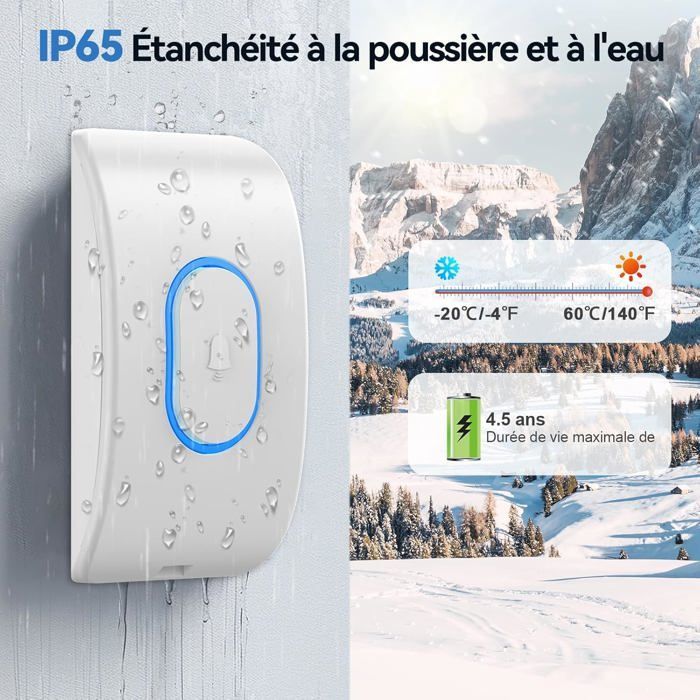FLEUVE - KIT SONNETTE - Sonnette Sans Fil 400M, IP65 Étanche, 60 Mélodies, 5 Volumes, 2 Récepteurs, Blanc LED