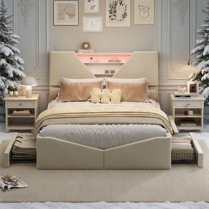 140x190 cm seng - Lamelbund - Off-white velour - Integreret LED-belysning - 4 opbevaringsskuffer