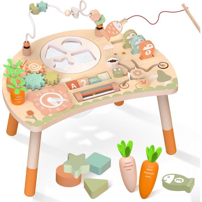 Table d'activités Montessori en bois - ZUUKO - 9 en 1 - Trieur de formes - Jeu de pêche - Labyrinthe de perles