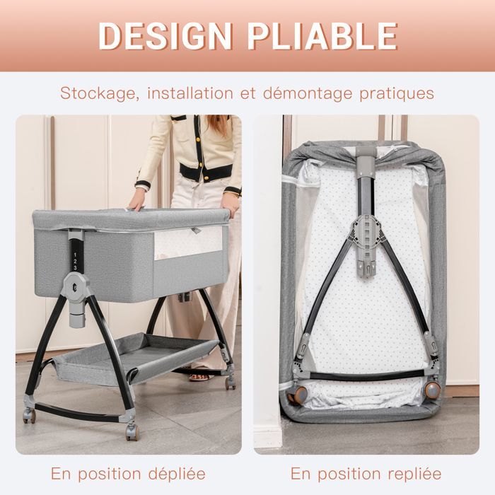 Lit Cododo Bébé,Avec Matelas et Moustiquaire Table à Langer,Mode Balancelle et Inclinaison,6 Hauteur Réglable,Pour 0-18 Mois - Gris