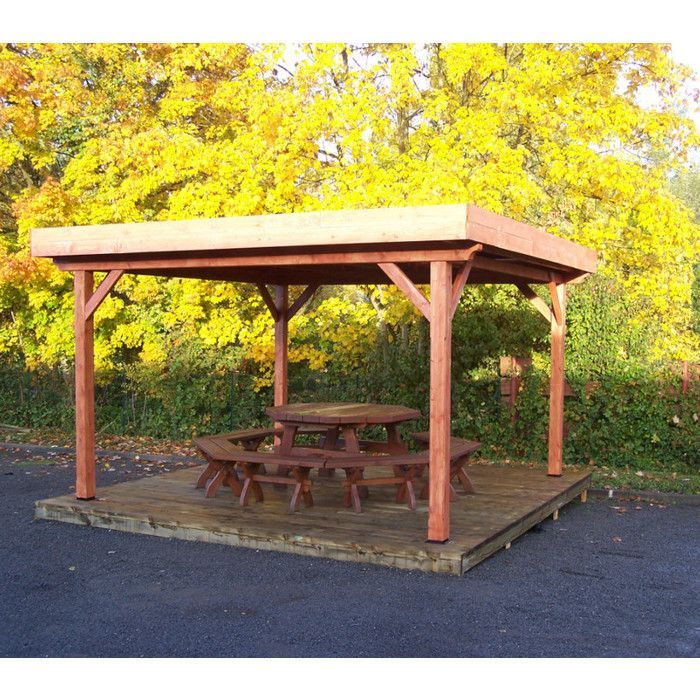 Toldo de techo plano con cubierta de chapa de acero, 12,53 m², 4 postes - Madera - Marrón - 200 cm - Teja